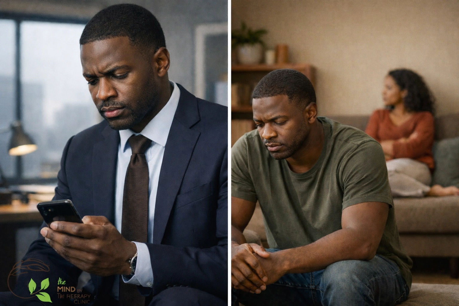 Black man balancing work stress and emotional distance in marriage