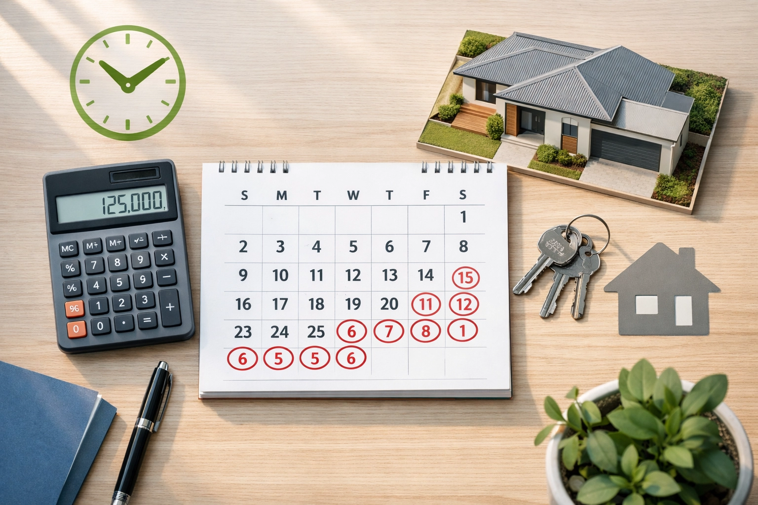 Home refinancing planning workspace with calculator, keys, and house model