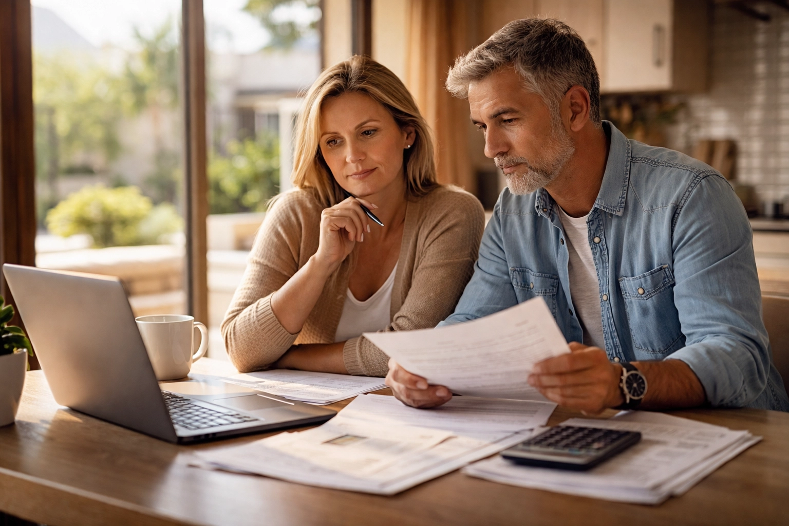 Las Vegas homeowners reviewing financial documents at their kitchen table while considering default notice options.