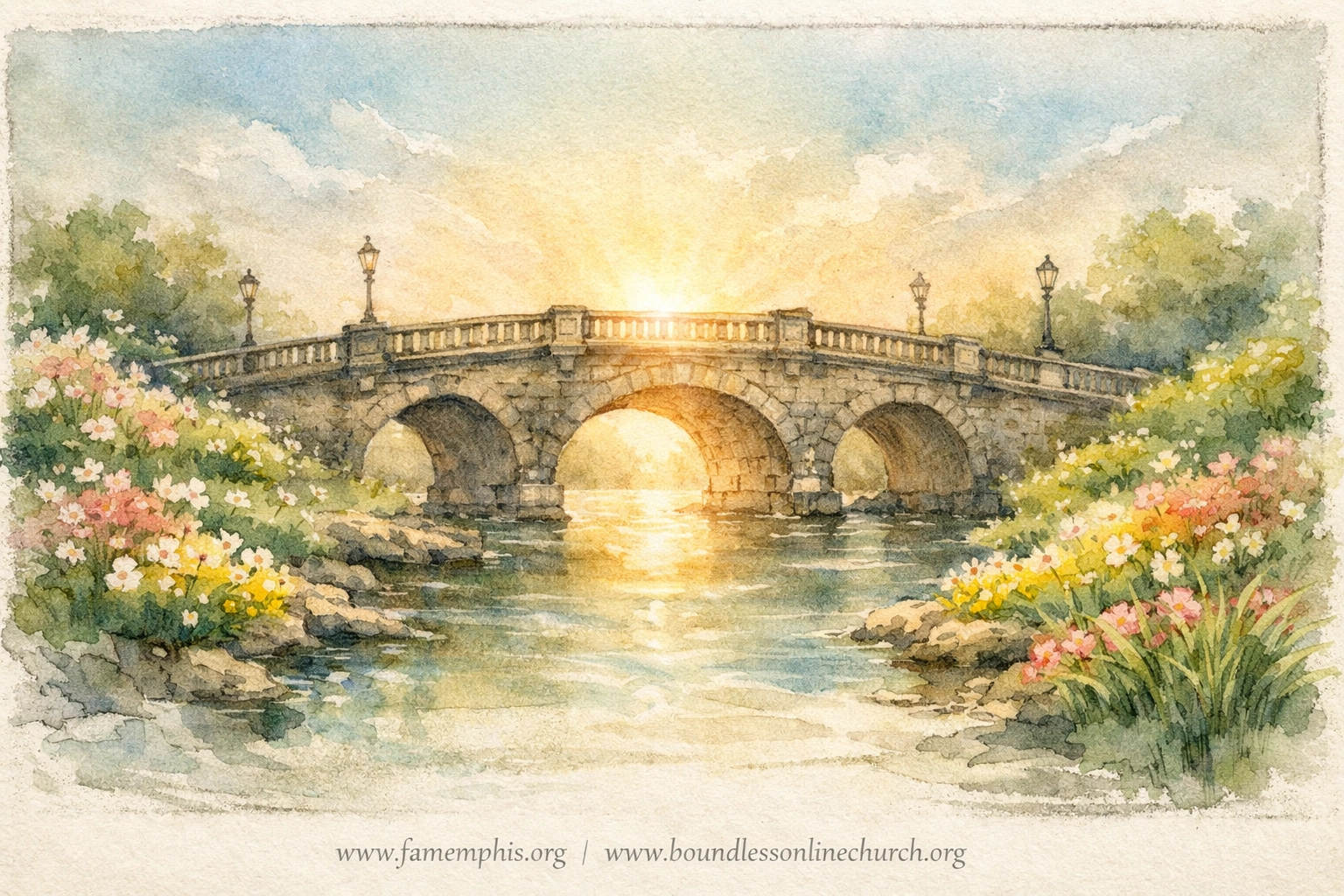 A watercolor bridge connecting riverbanks, symbolizing the work of peacemakers in a noisy world.