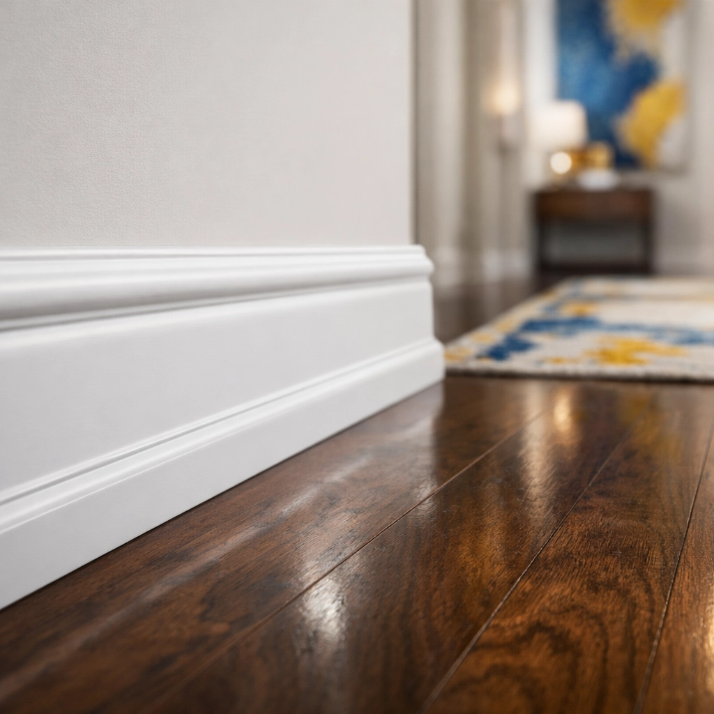 Close-up of clean baseboards and polished wood floors after deep cleaning in Acton MA.
