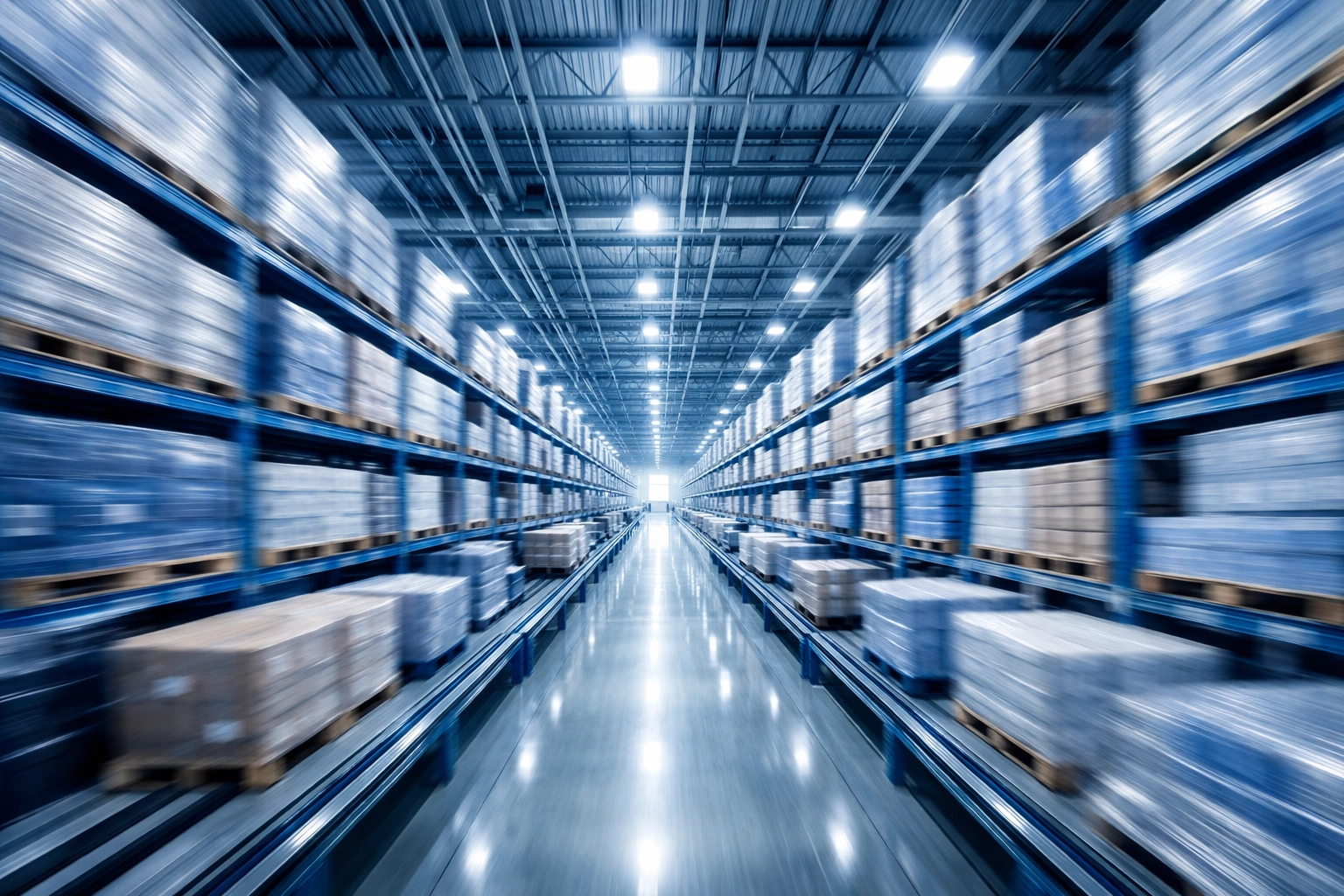 A high-tech warehouse with organized inventory representing business scaling through working capital.