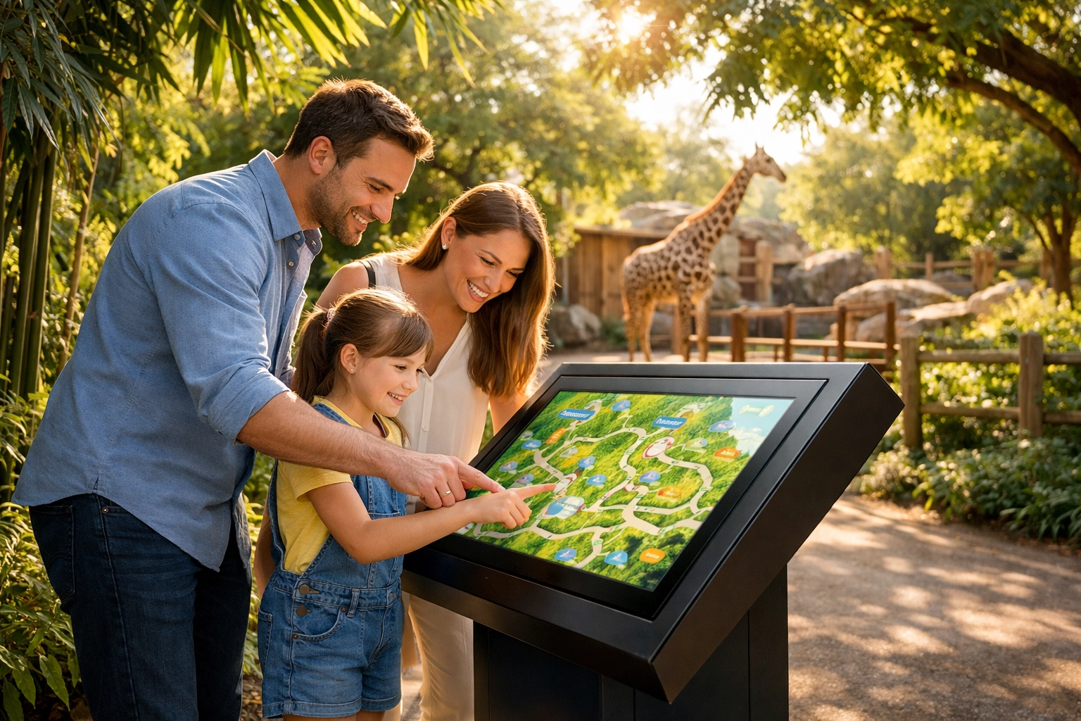 Family using an interactive digital kiosk at a zoo, showcasing creative services and digital signage.