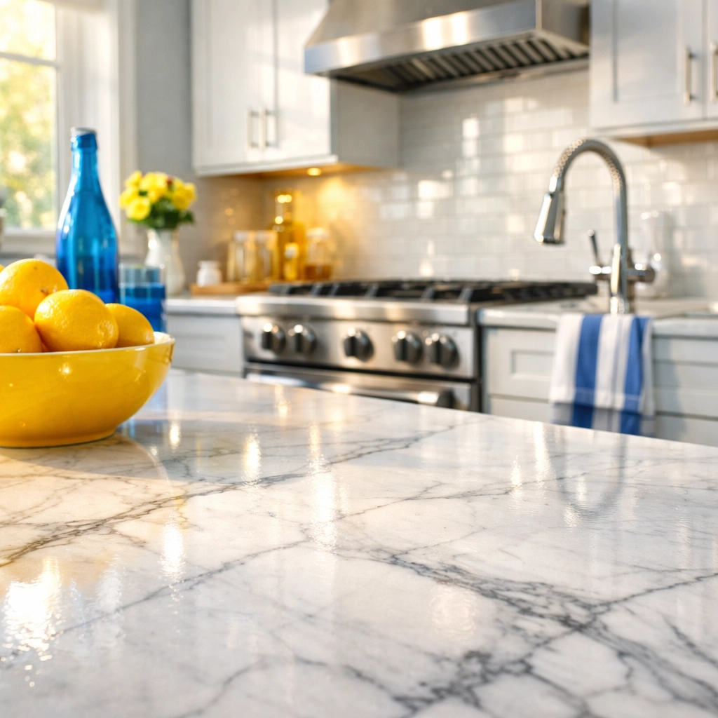 Sparkling marble kitchen countertop in a Northborough home after a professional deep cleaning service.