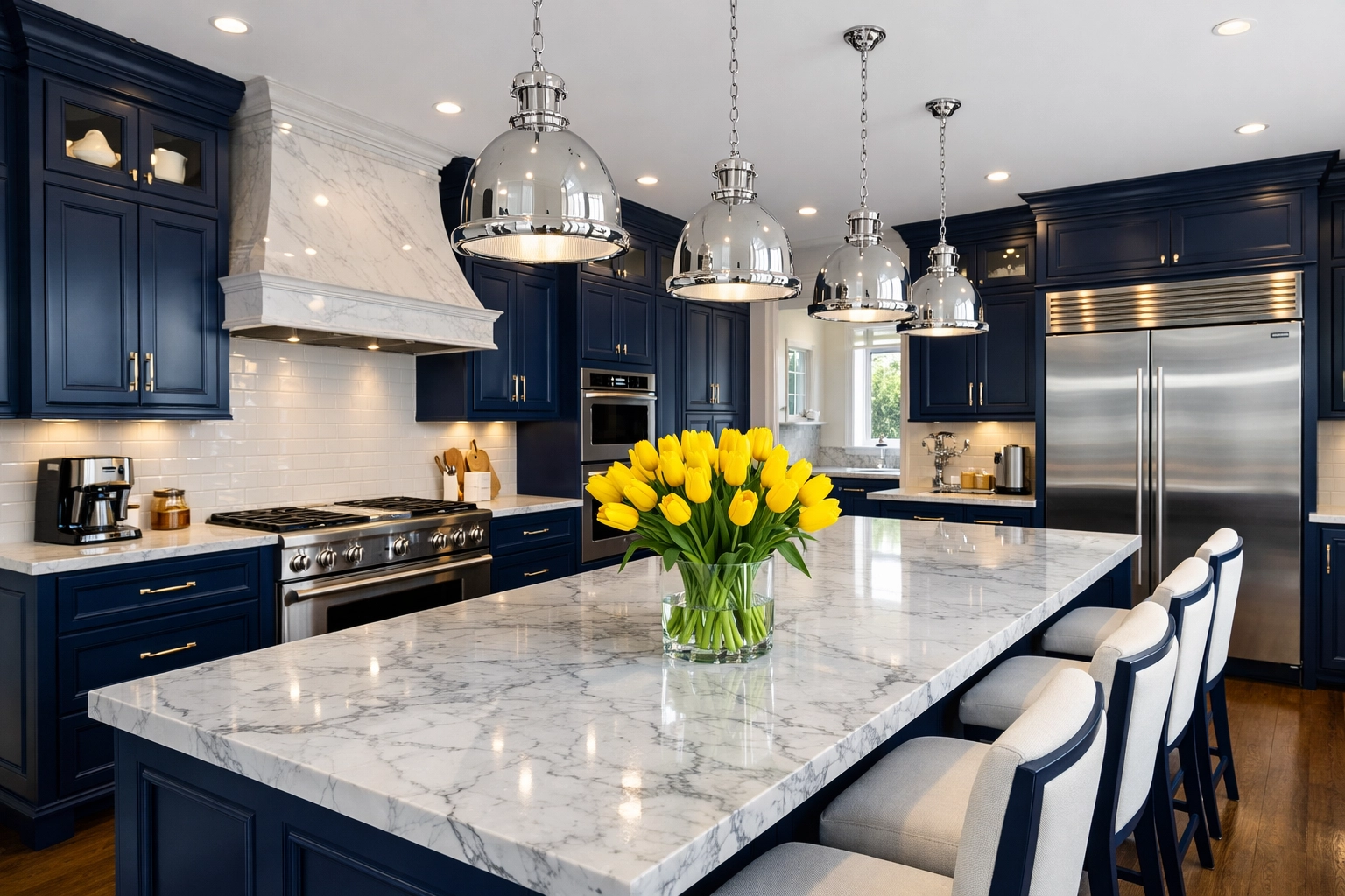 Impeccably clean luxury kitchen with navy blue cabinets after a professional house cleaning service.