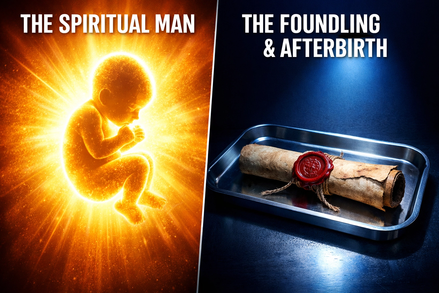 Golden infant silhouette next to a legal scroll representing the spiritual man vs the birth certificate character.