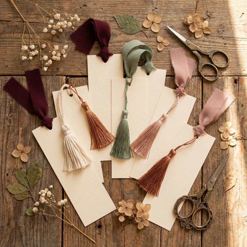 Handmade bookmarks with colorful ribbons displayed on reclaimed wood, ideal for craft show quick-sell items