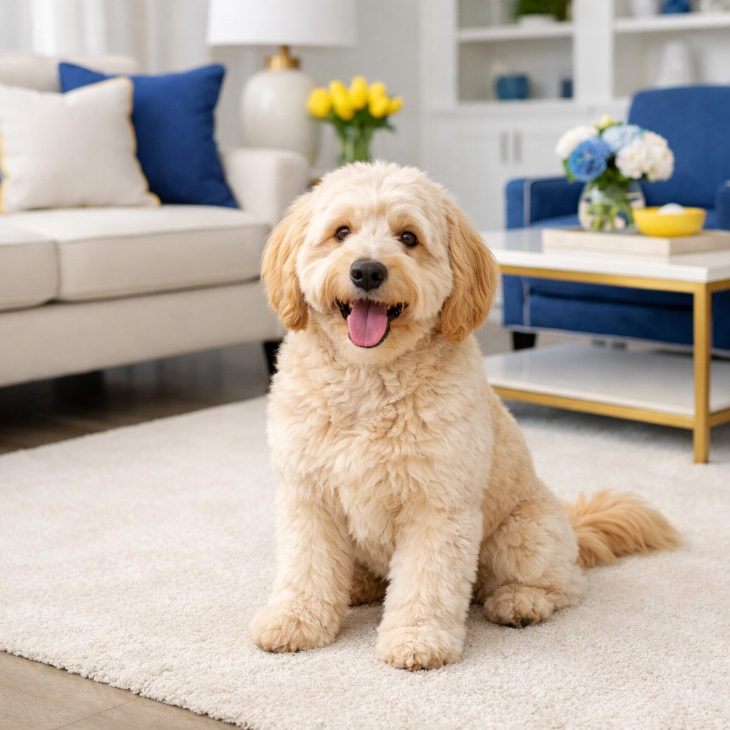 Happy dog on a clean rug in a spotless living room after professional weekly house cleaning.