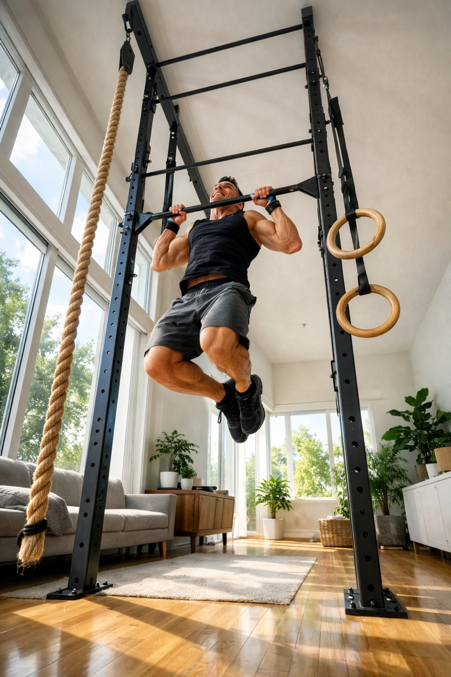 Floor-to-ceiling home gym system with rings and rope for versatile pull-up bar alternative