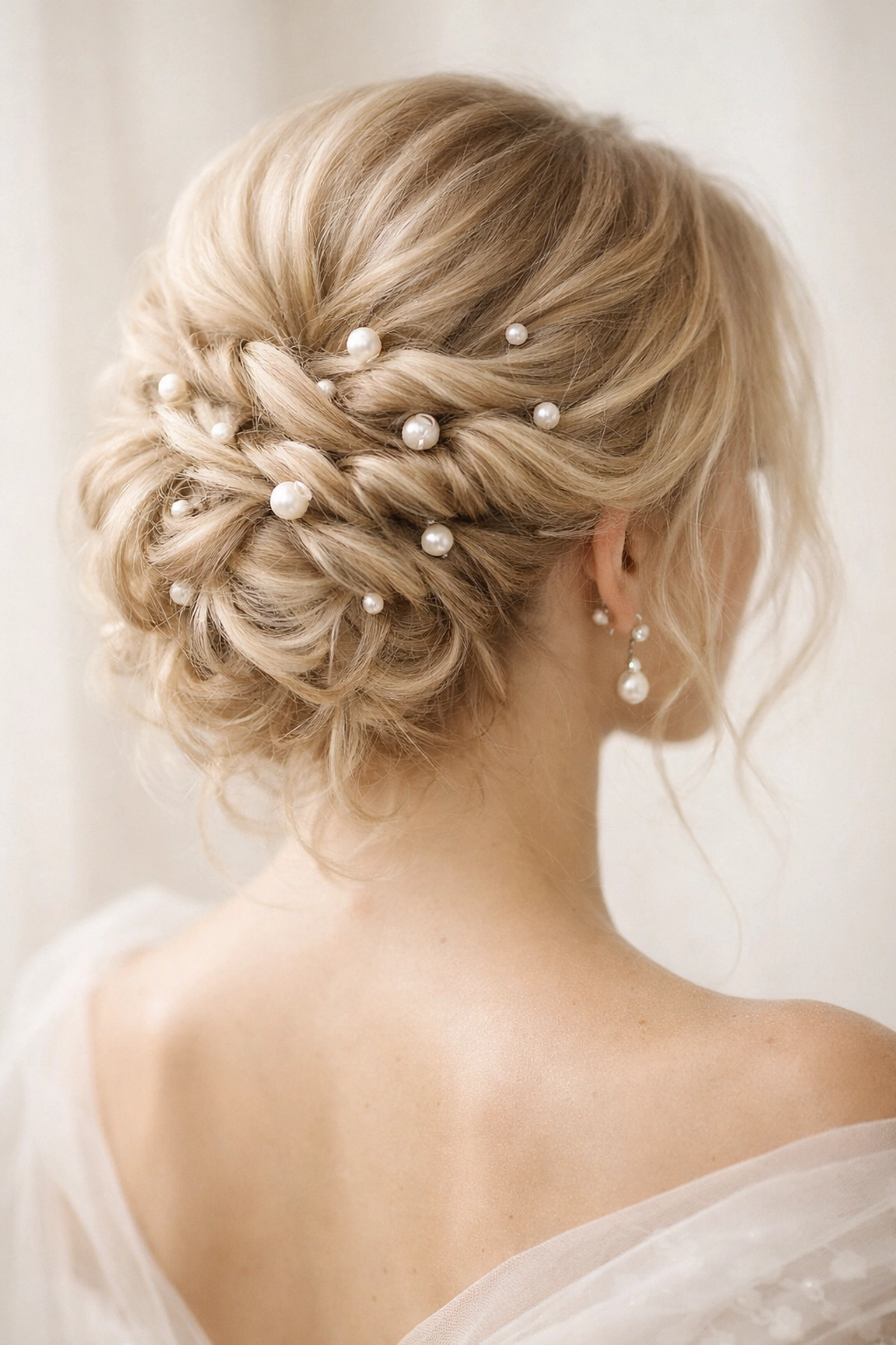 Elegant bridal updo with pearls, showcasing modern wedding hair styling trends in Concord NH.