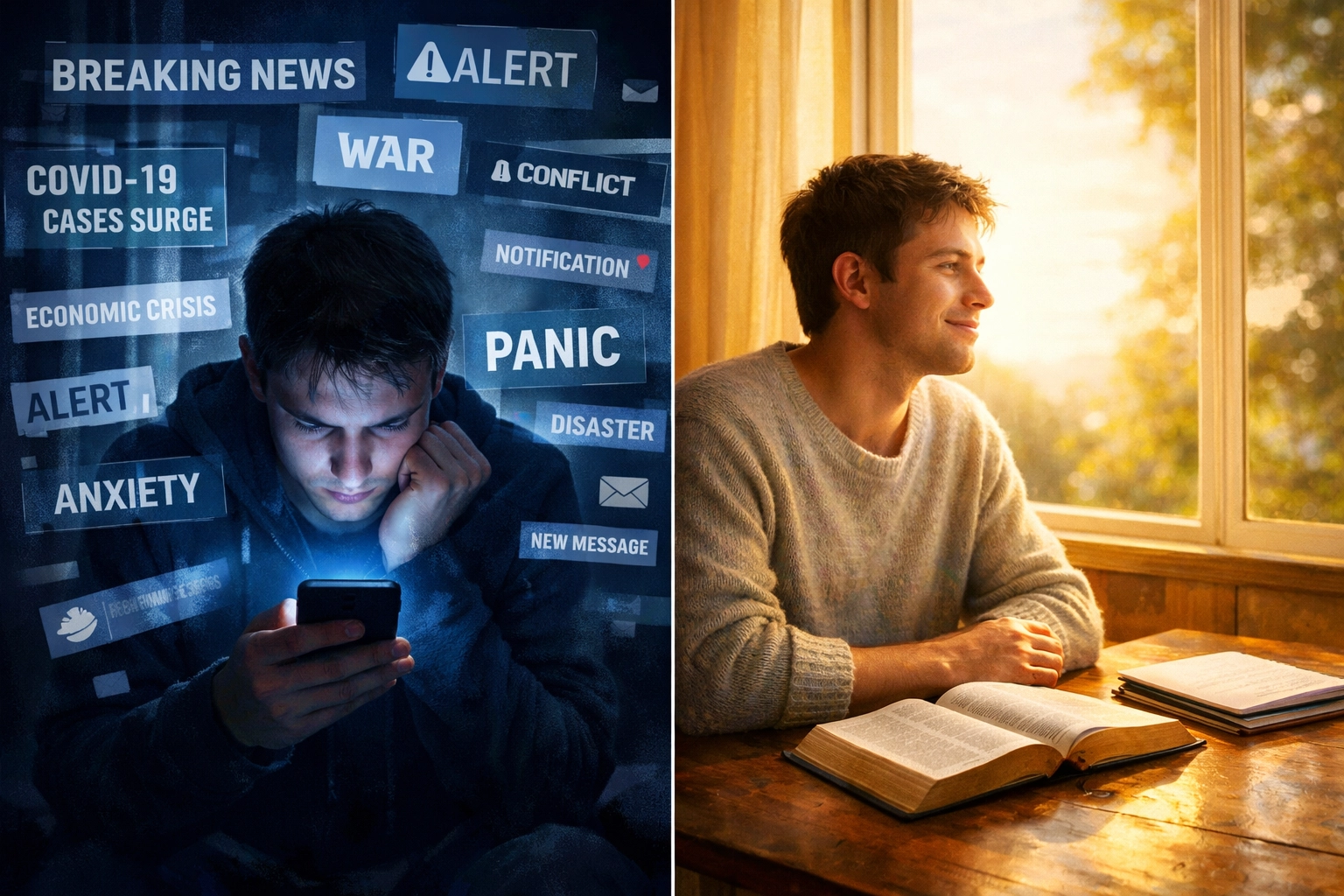 Contrast between anxious news scrolling and peaceful Bible reading with faith
