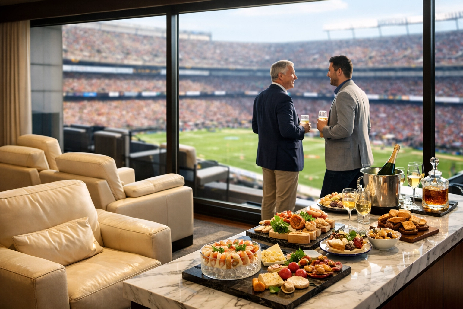 Business executives networking in a luxury Super Bowl stadium suite overlooking the field.