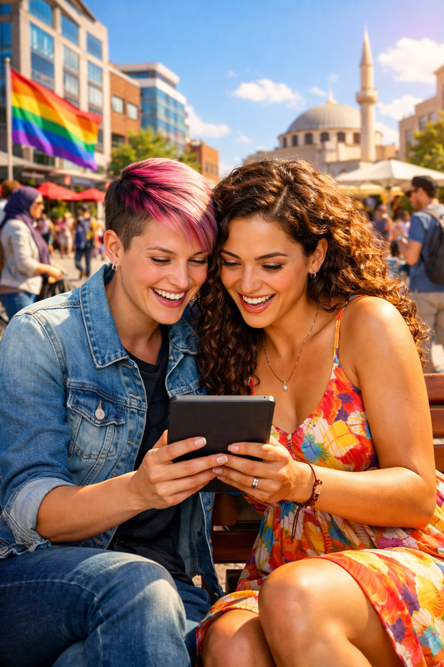 A lesbian couple reading queer fiction on a digital device, showing global access to LGBTQ+ ebooks.