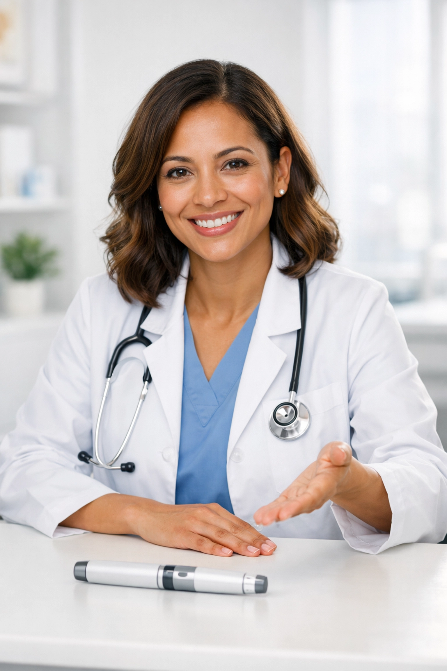 A professional healthcare provider discussing GLP-1 medication options in a modern clinic.