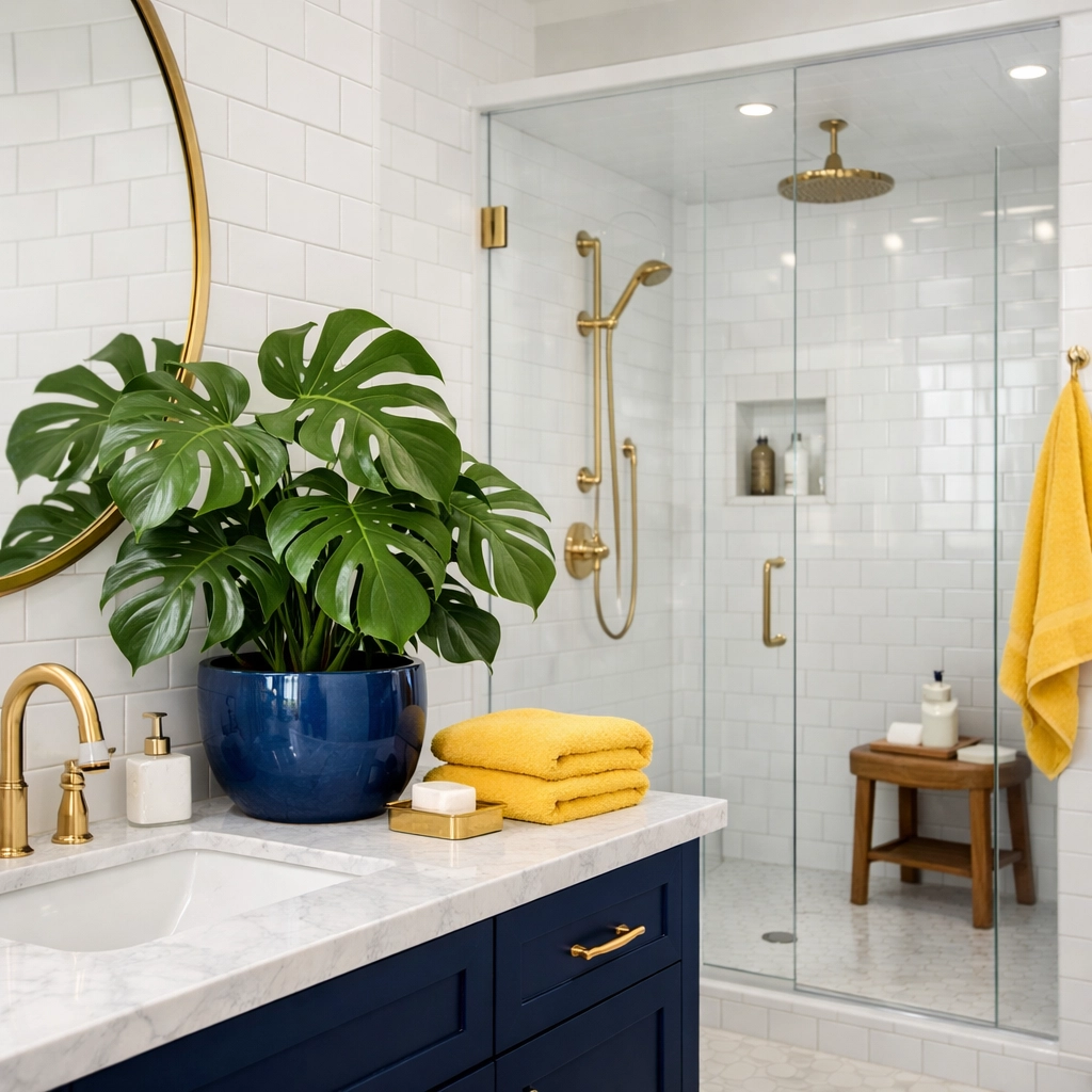 Streak-free modern bathroom featuring eco-friendly cleaning results and healthy indoor plants.
