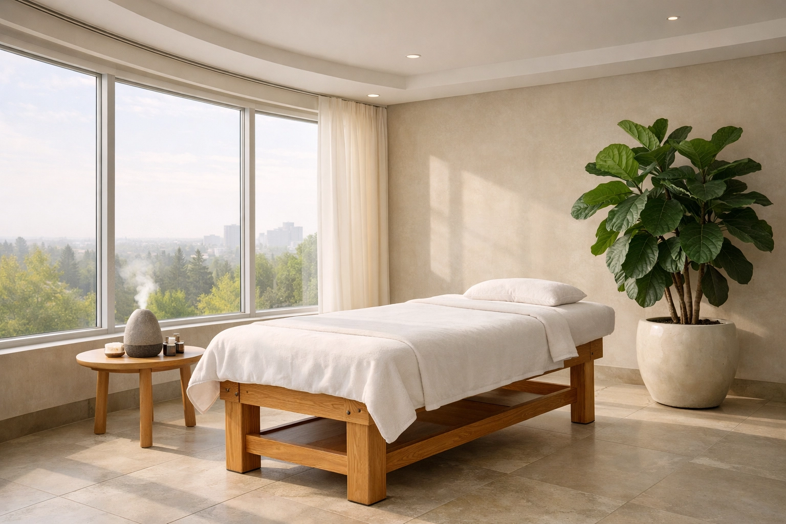 A tranquil and modern Edmonton massage therapy room providing a peaceful environment for nervous system recovery.