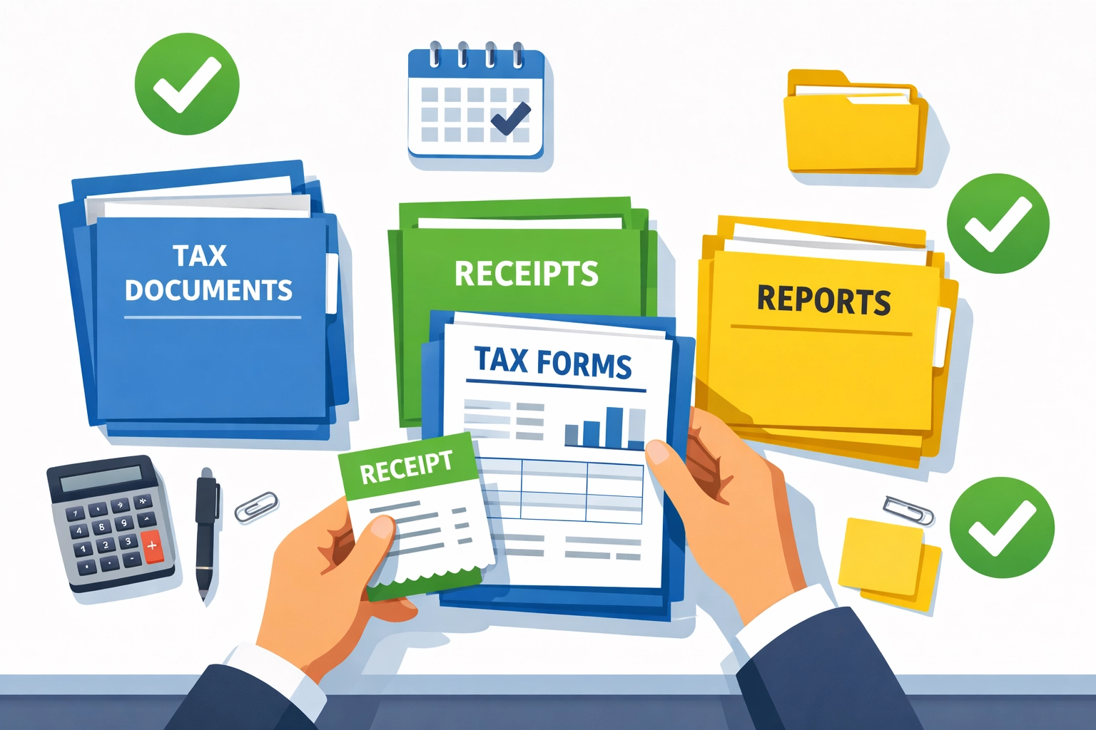 Organized tax documents and receipts prepared for itemized deductions and filing