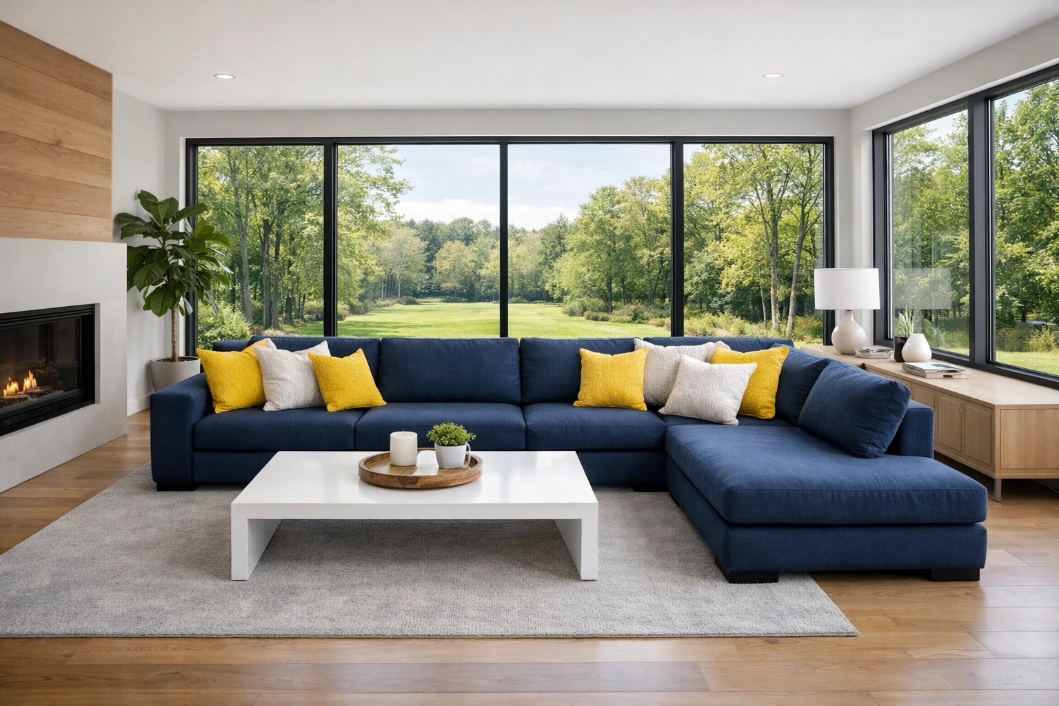 Spacious and clean living room with large windows showing professional house cleaning in Boxborough, MA.