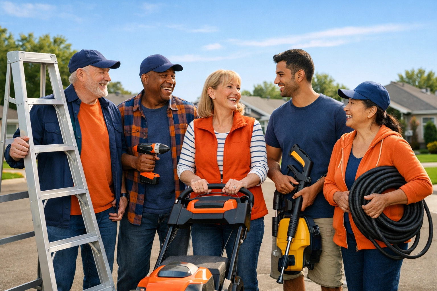 Neighbors building community connections by sharing tools and equipment