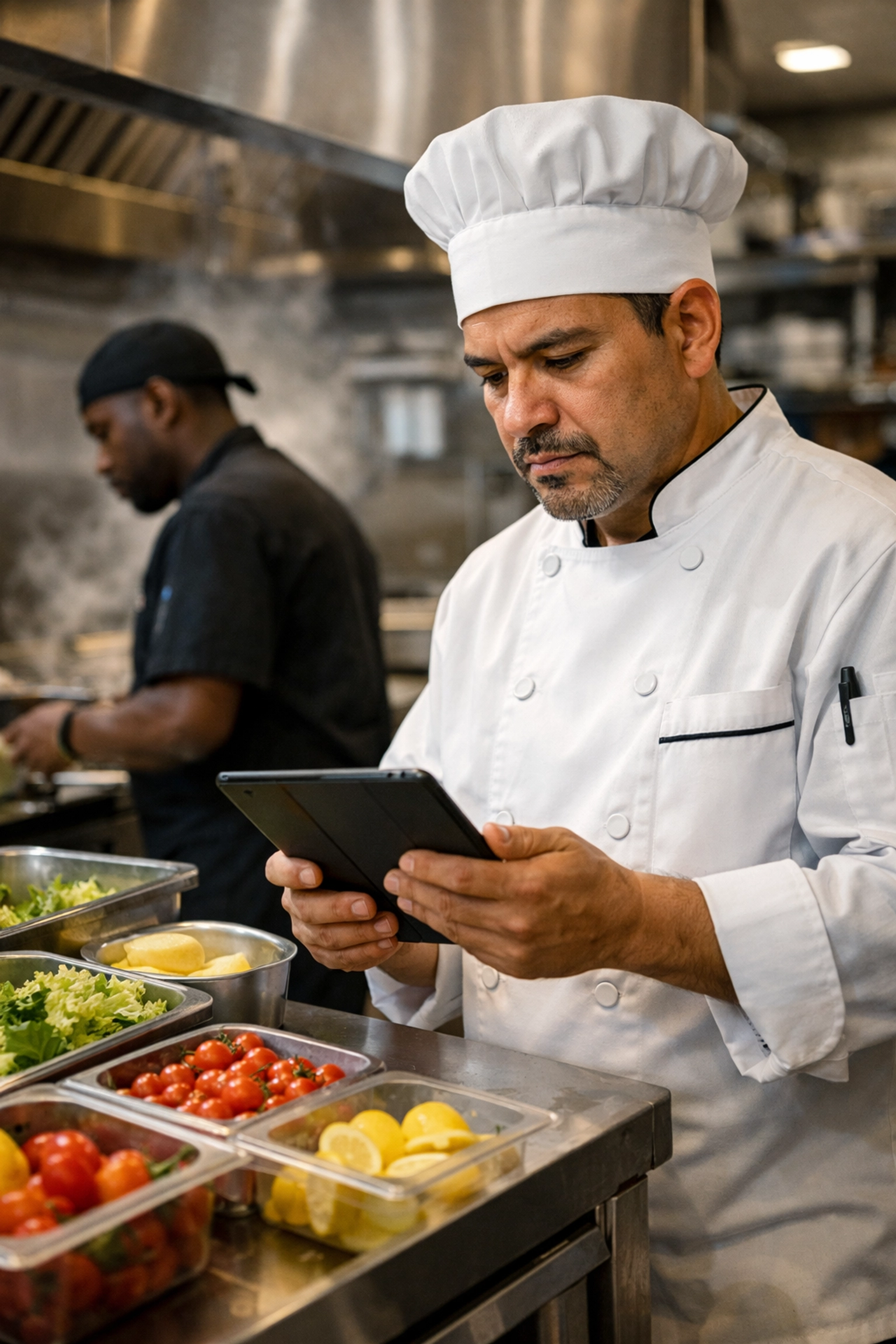 Head chef analyzing food cost data on a tablet to improve restaurant profit margins and operational management.