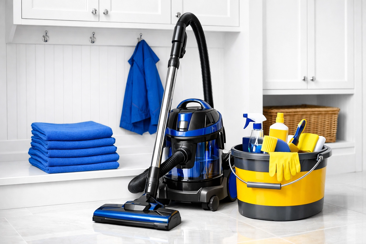 Organized professional house cleaning tools and supplies for deep cleaning Marlborough homes.