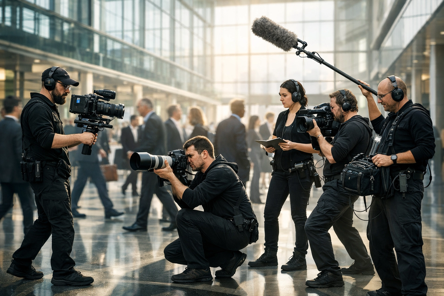 Corporate event photography and videography team coordinating coverage at a large-scale business conference.
