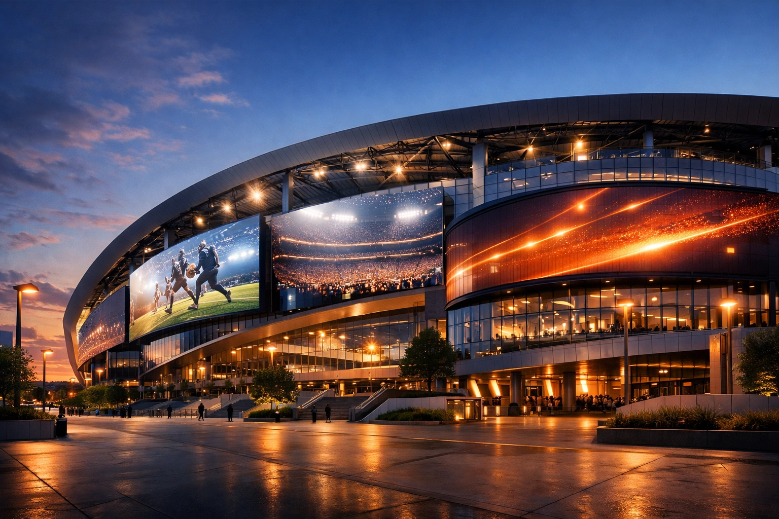 A modern sports stadium at twilight showing integrated digital signage and 3D media displays.