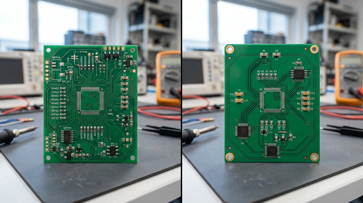 Professional technical comparison of common PCB design flaws versus a clean, high-yield production-ready layout on an electronics workbench.