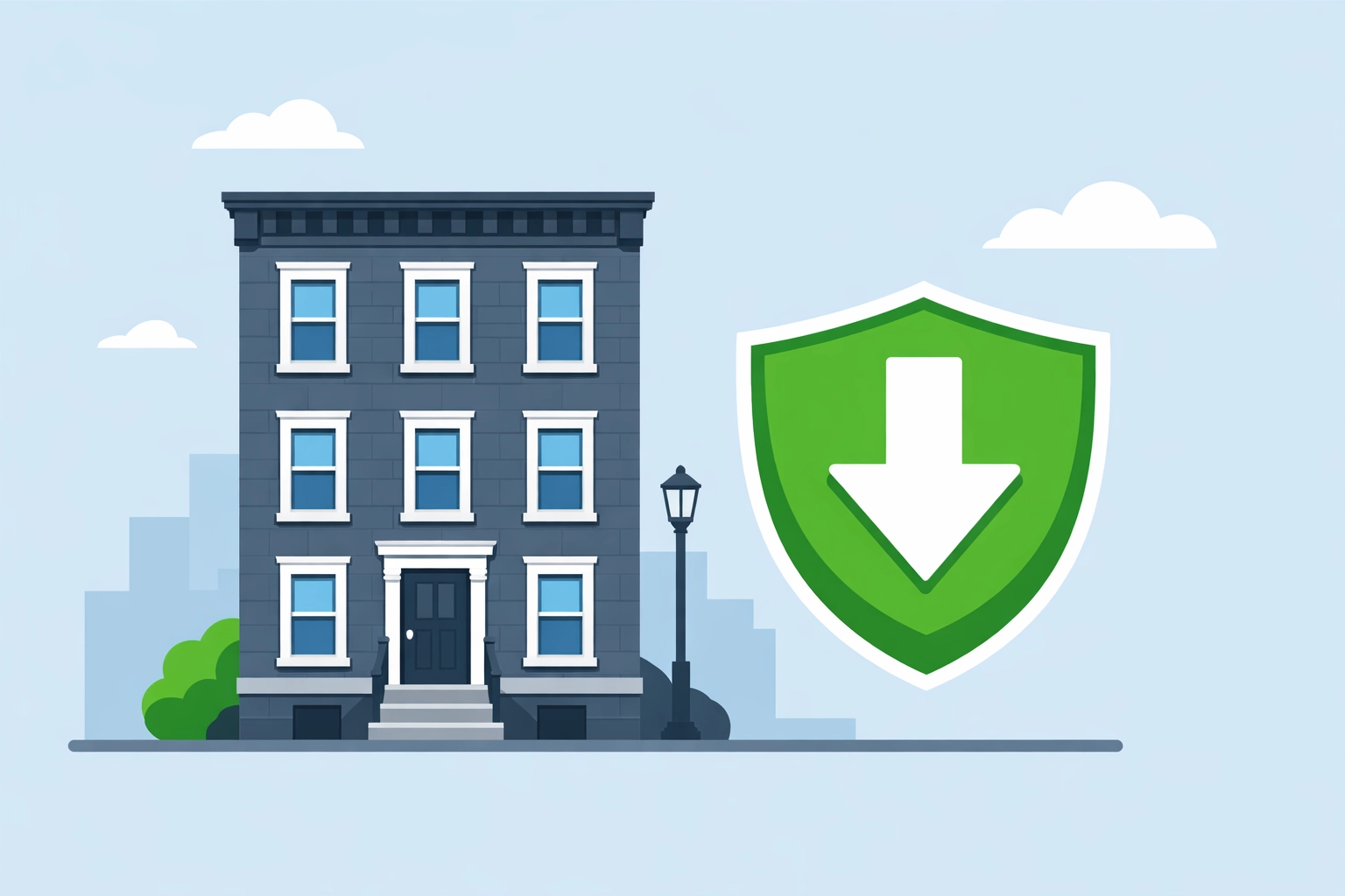 New Haven row house with a tax savings shield representing state and local tax deductions.