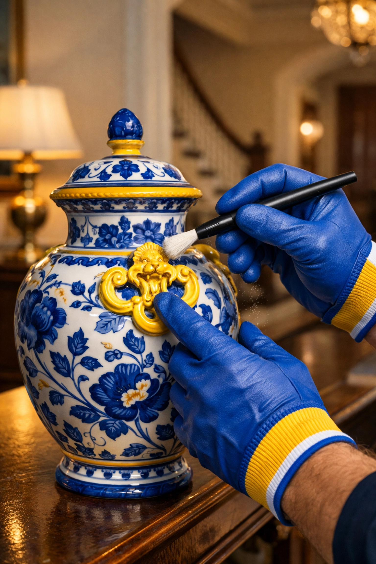 Professional residential cleaning Massachusetts specialist carefully dusting a high-end decorative vase.