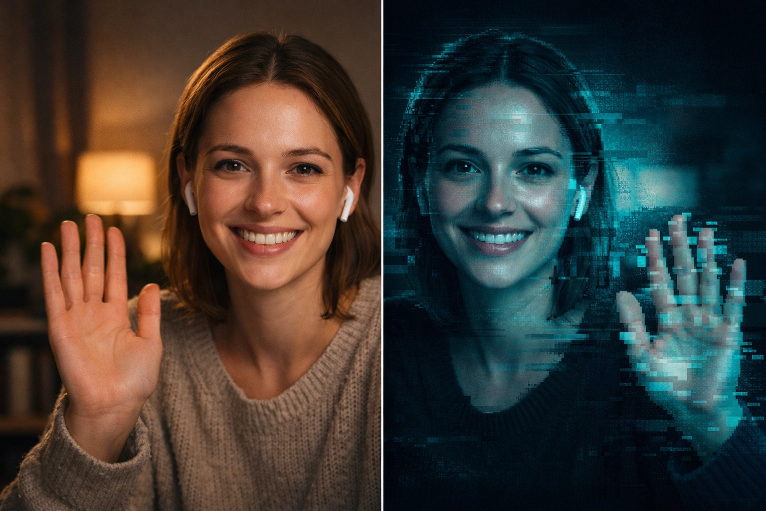 Comparison of real video call versus AI deepfake manipulation used in romance scams