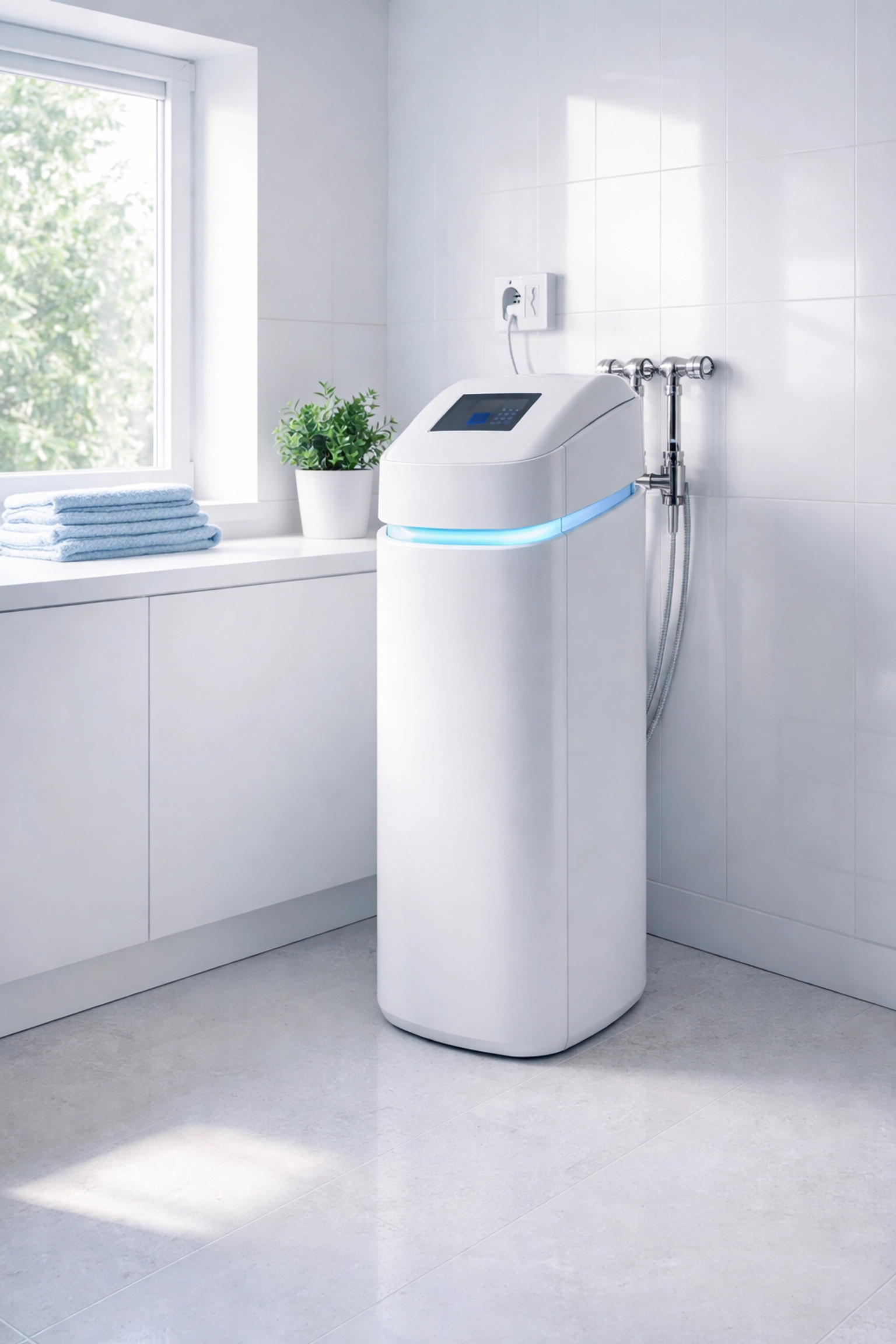 High-efficiency water softener system in a bright utility room, illustrating 2026 Florida water compliance