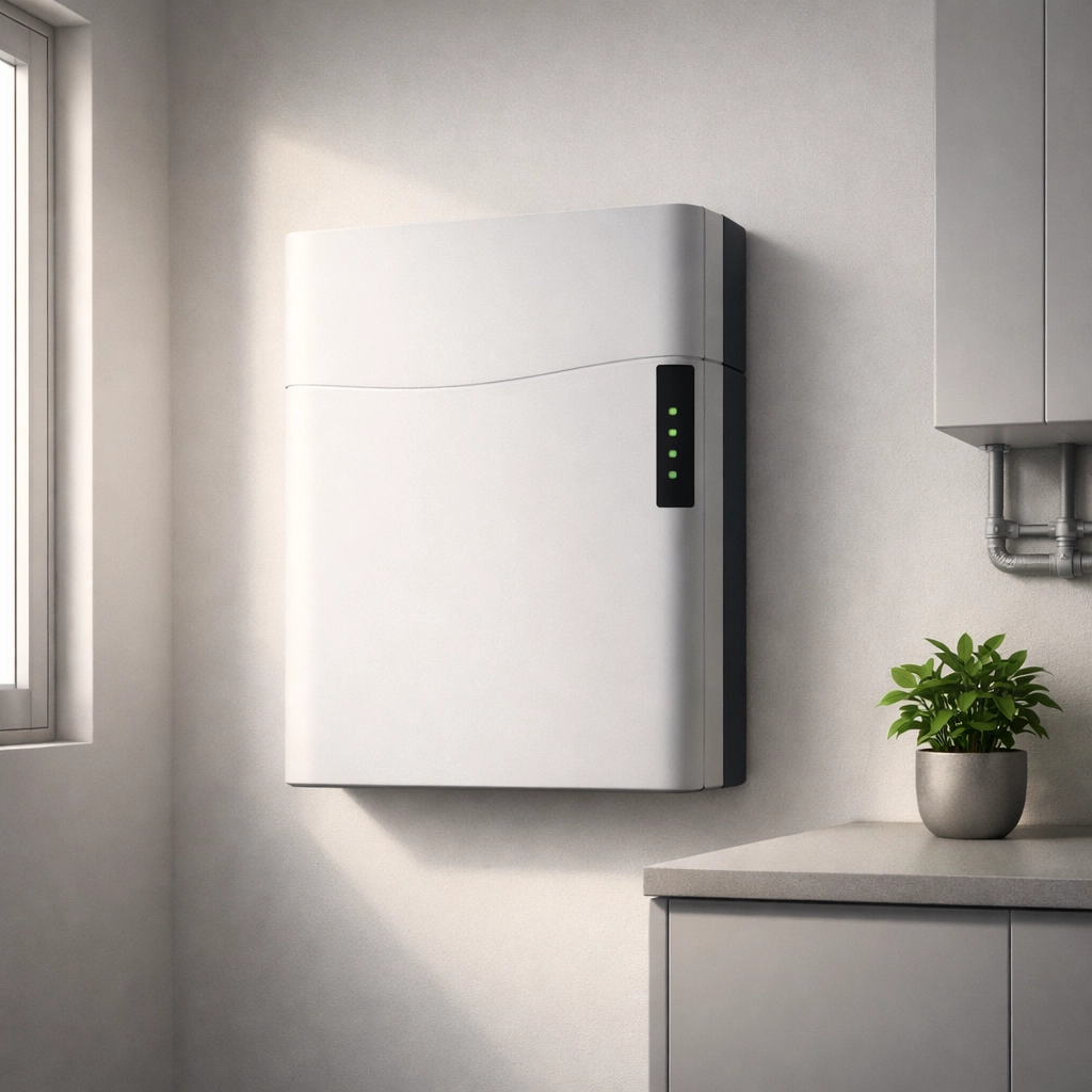 Modern high-end solar battery storage system installed in a contemporary Dorset home utility room.