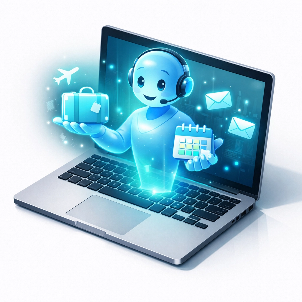 A digital AI assistant organizing tasks on a laptop, showing how AI employees manage schedules and files.