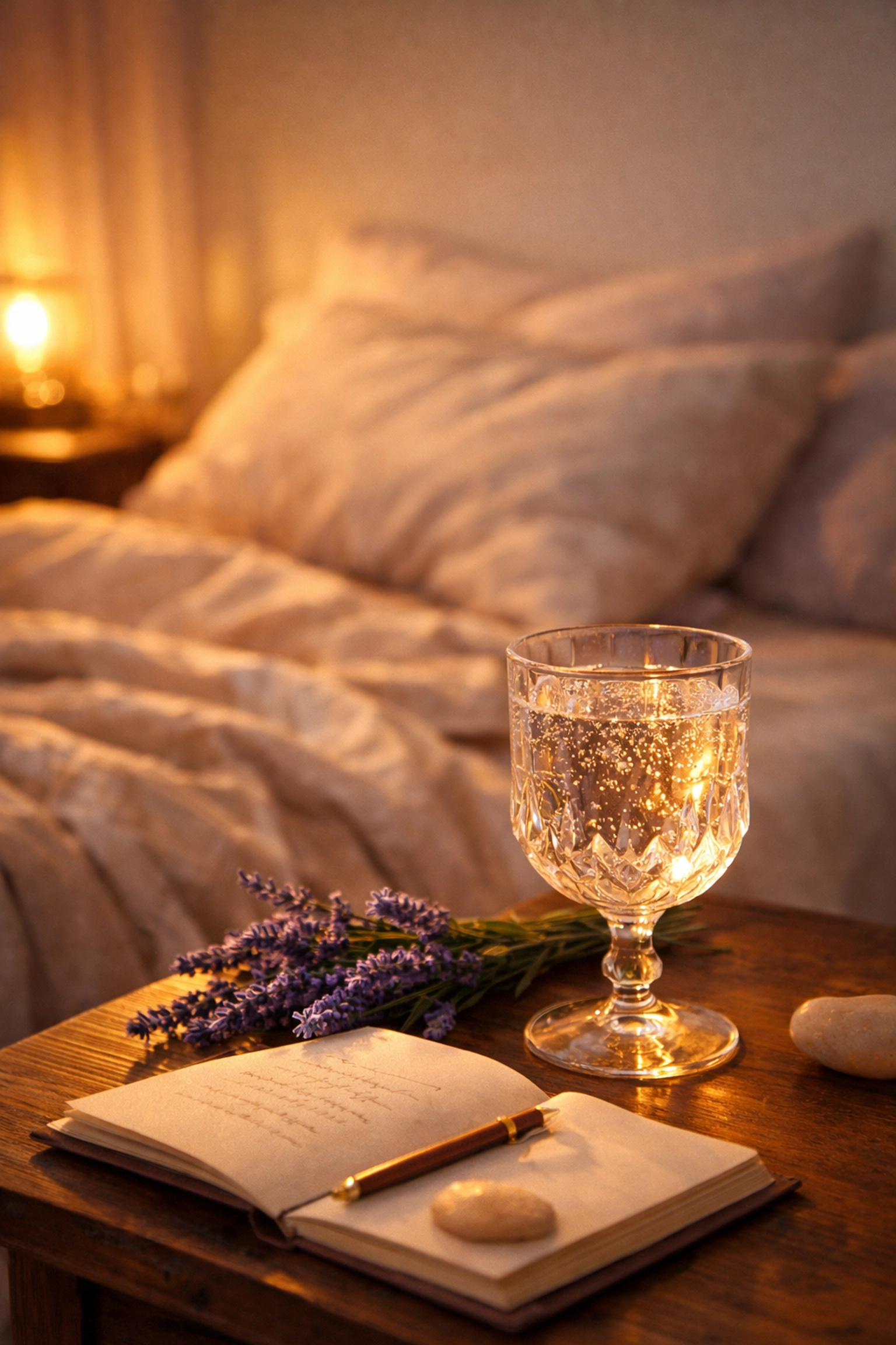 Cozy bedside setup with relaxation drink and lavender for nighttime sleep support routine