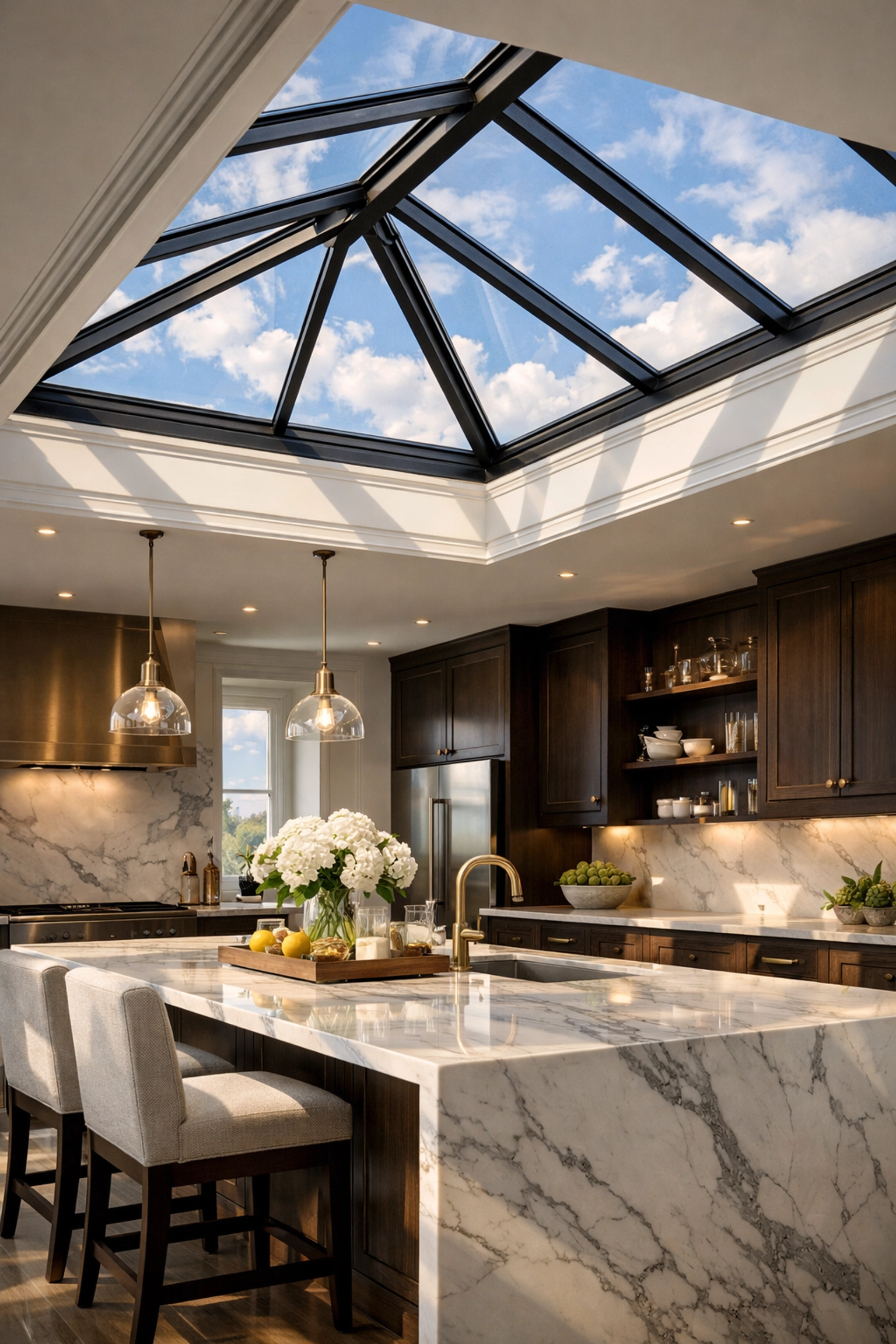 Modern kitchen extension in Arundel featuring a large architectural roof lantern over a marble island.