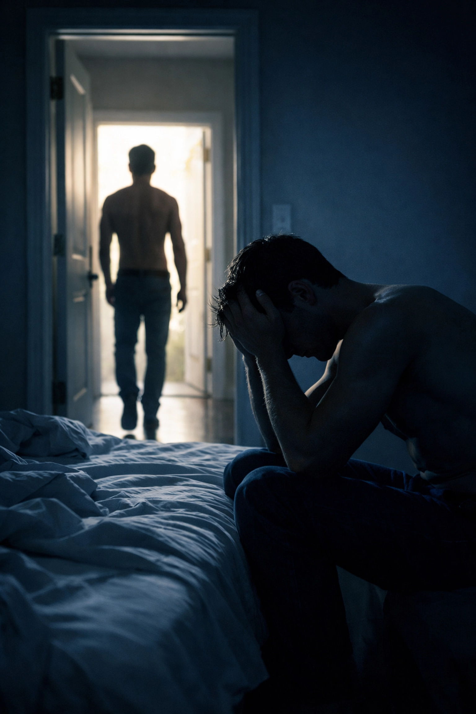 A heartbreaking breakup scene between two men, reflecting the loss found in realistic dark MM romance stories.