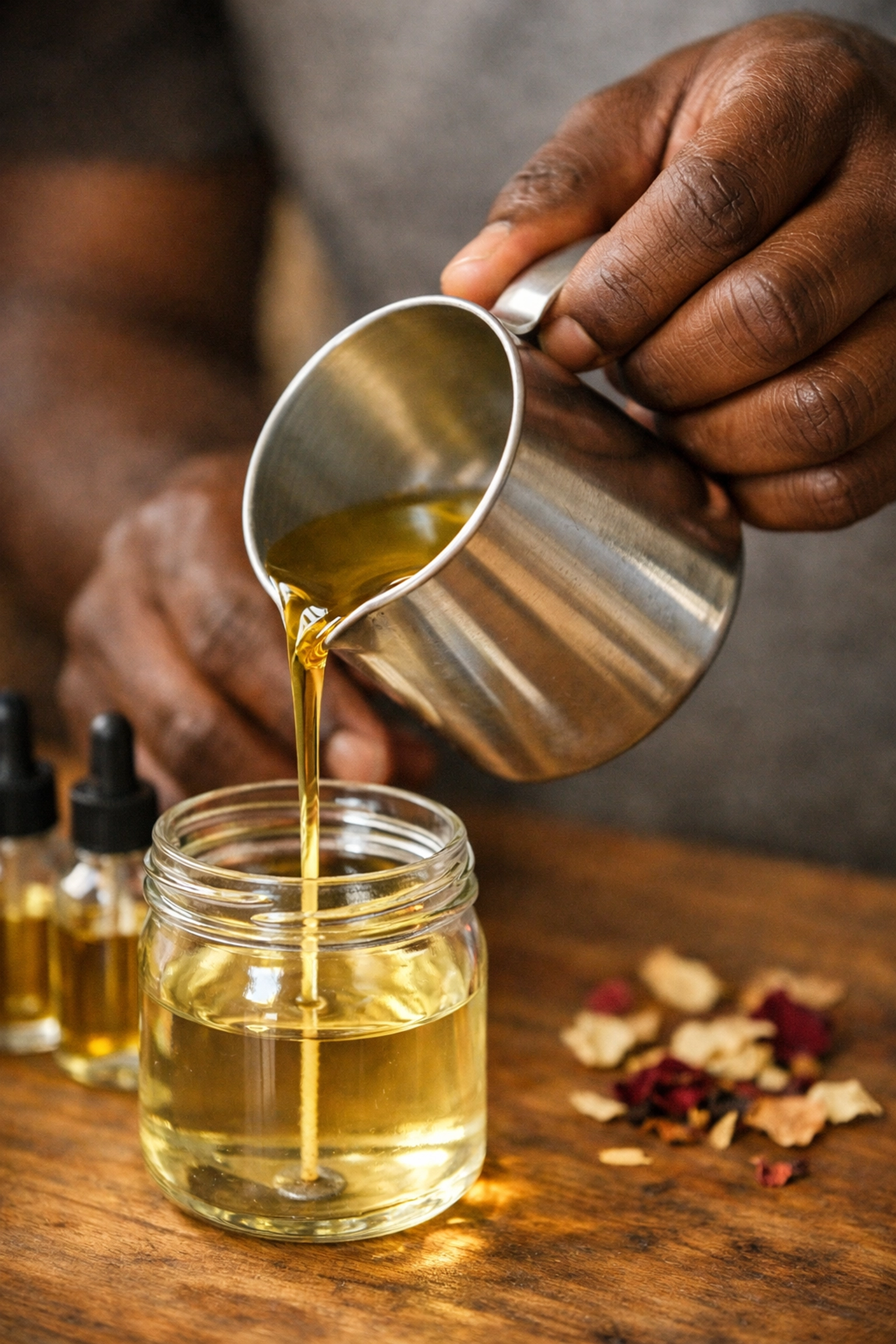Close-up of an employee pouring wax during a mobile candle making class in a DC corporate office.