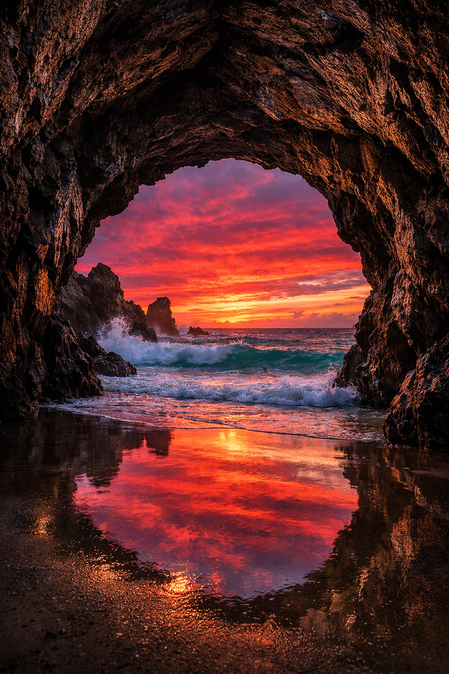 A vibrant coastal sunset captured from inside a cave, a perfect landscape photography location.