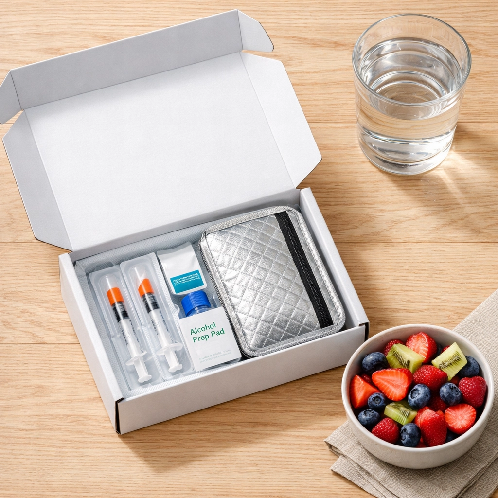 A weight loss medication shipping box with healthy fruit, illustrating convenient home delivery services.