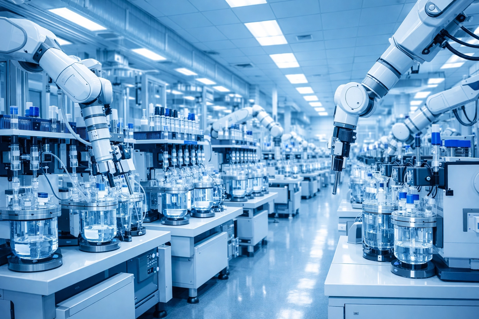 Automated USA-made peptide synthesis laboratory showing high-purity production and pharmaceutical quality control.