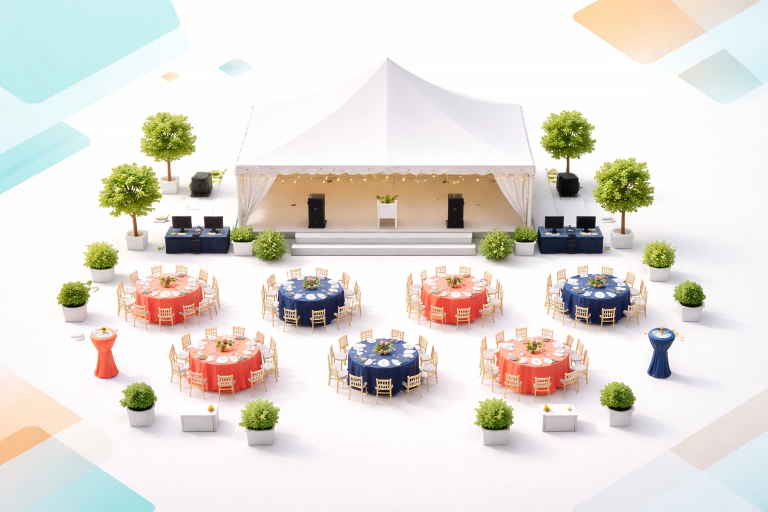 Aerial view of an organized corporate event setup with tents and tables shows seamless event planning using a one-stop rental solution.