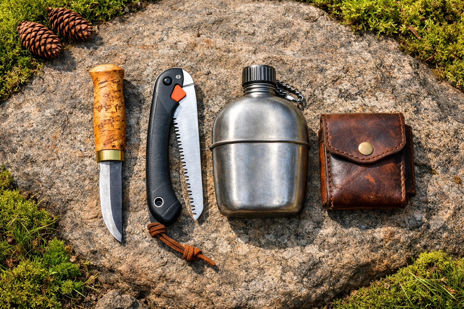 Essential bushcraft tools including a knife and saw for a successful camping adventure UK.