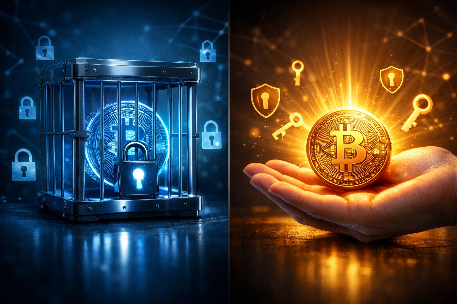 Comparison of custodial crypto locked in cage versus self-custody merchant wallet freedom