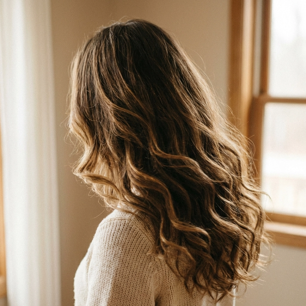 Κοντινή φωτογραφία με υγιή μαλλιά, έντονο όγκο και φυσικές κυματιστές στρώσεις στο φως του ήλιου