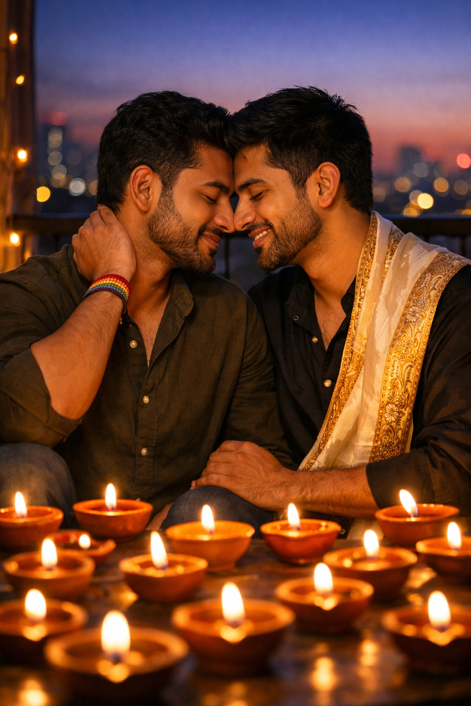 Gay South Asian couple celebrating Queer Diwali with traditional diyas on a balcony.