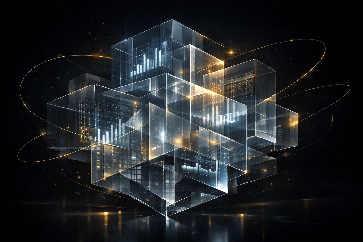 Crystalline financial model structure with luminous formula grids suspended in a dark premium space.
