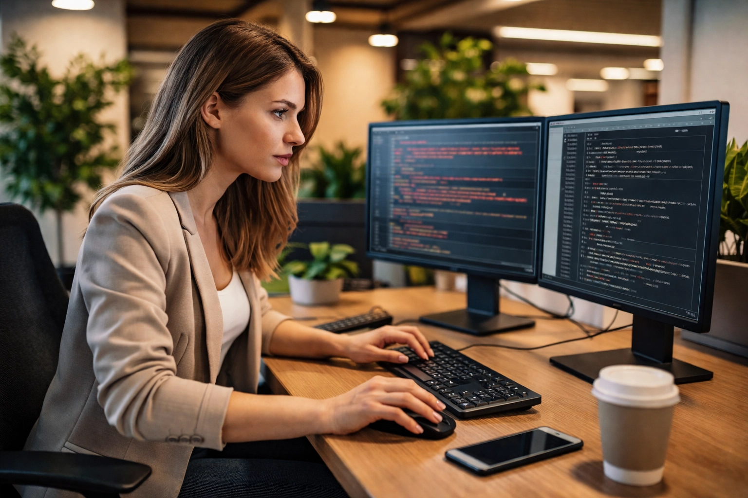 Young administrative professional troubleshooting tech issues at a dual-monitor workstation, reflecting problem-solving