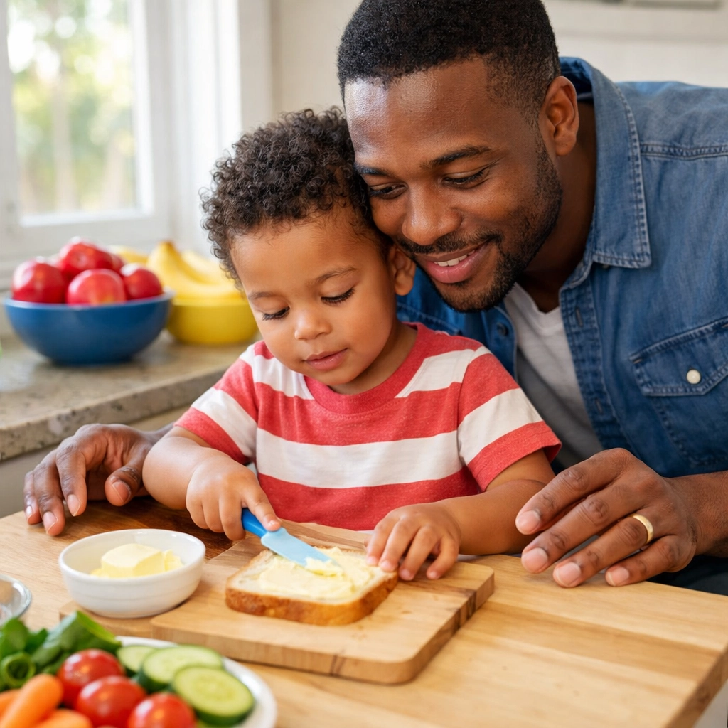 Father and son preparing a snack together modeling Montessori discipline and respectful collaboration