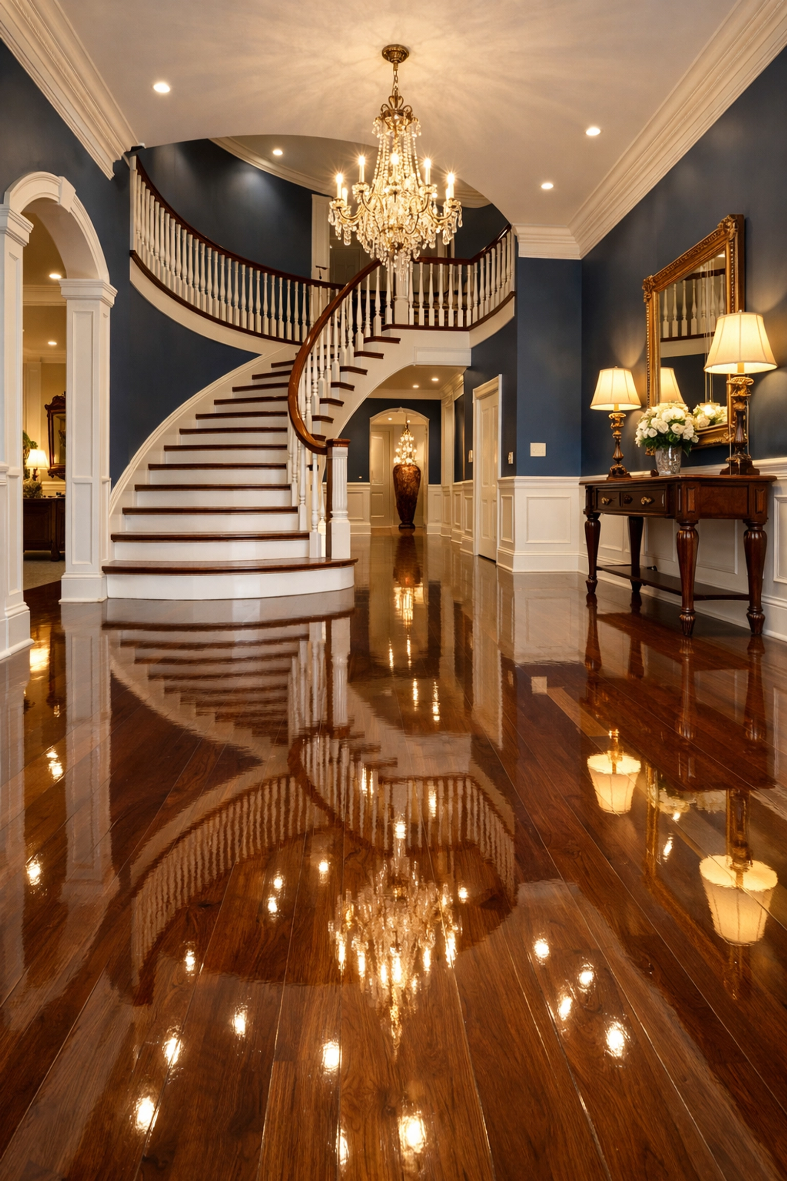 Professionally cleaned grand foyer with polished hardwood floors illustrating residential cleaning in Massachusetts.